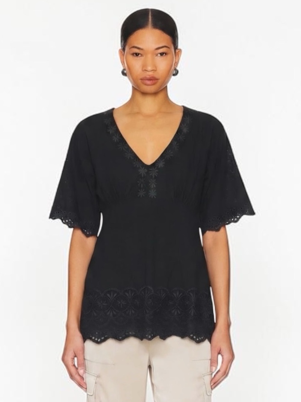 BCBGMAXAZRIA NEW Y2K Eyelet Embroidery Lace Boho V Neck Tunic M Top Cotton Black